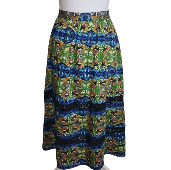 Sam Edelman Tulum Parrot Print Midi Skirt Size 12 Crochet Panels Bird Rockabilly - Picture 2 of 12